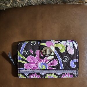 Vera Bradley Purple Punch Floral Quilted Zip Around Turnlock Card Wallet